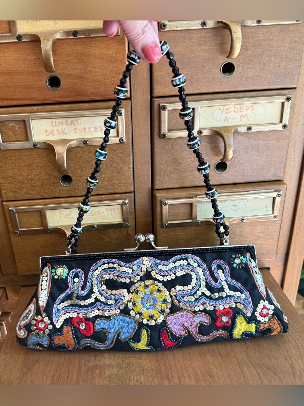 Chateau Beaded Satin Clutch Handbag Multicolor Sequin Embroidery Vintage